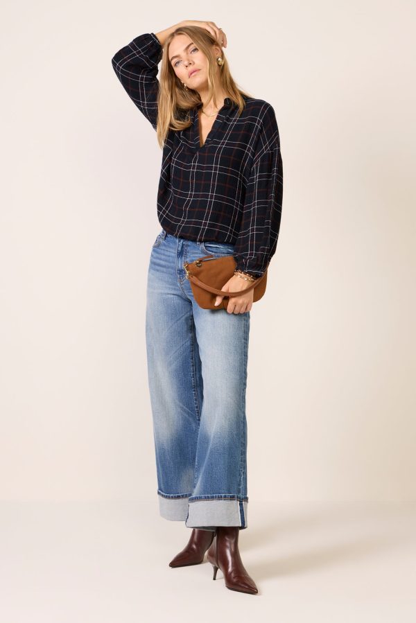 Split Neck Plaid Blouse - Image 2