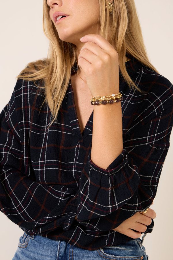 Split Neck Plaid Blouse - Image 3